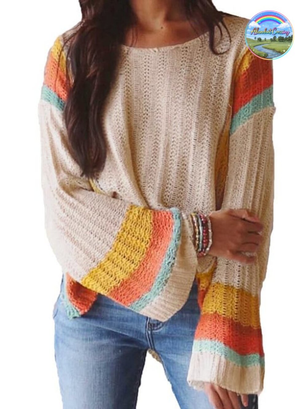 Women's 3/4 Sleeve Knit Pullover Sweater, Crewneck, Open-Knit Textured,